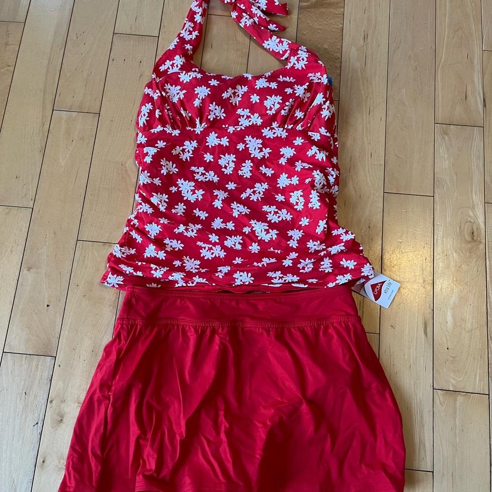 Red Floral Halter Top and Skirt Tankini Set Land’s End NEW